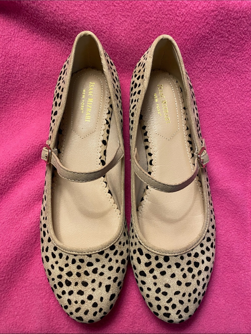 Isaac Mizrahi Beige Mary Jane Flats with Black Spots-New!